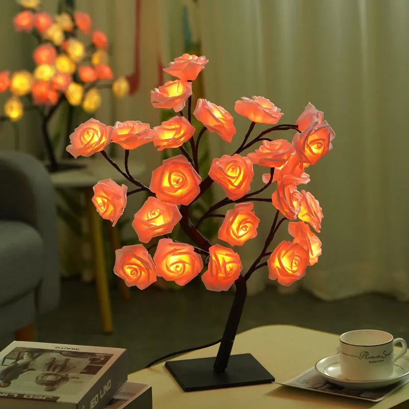 LED Rose Tree Lights 24LEDs USB Operated Table Lamp Atmosphere Lighting for Wedding Party Gift Birthday Festival Lover Home Deco