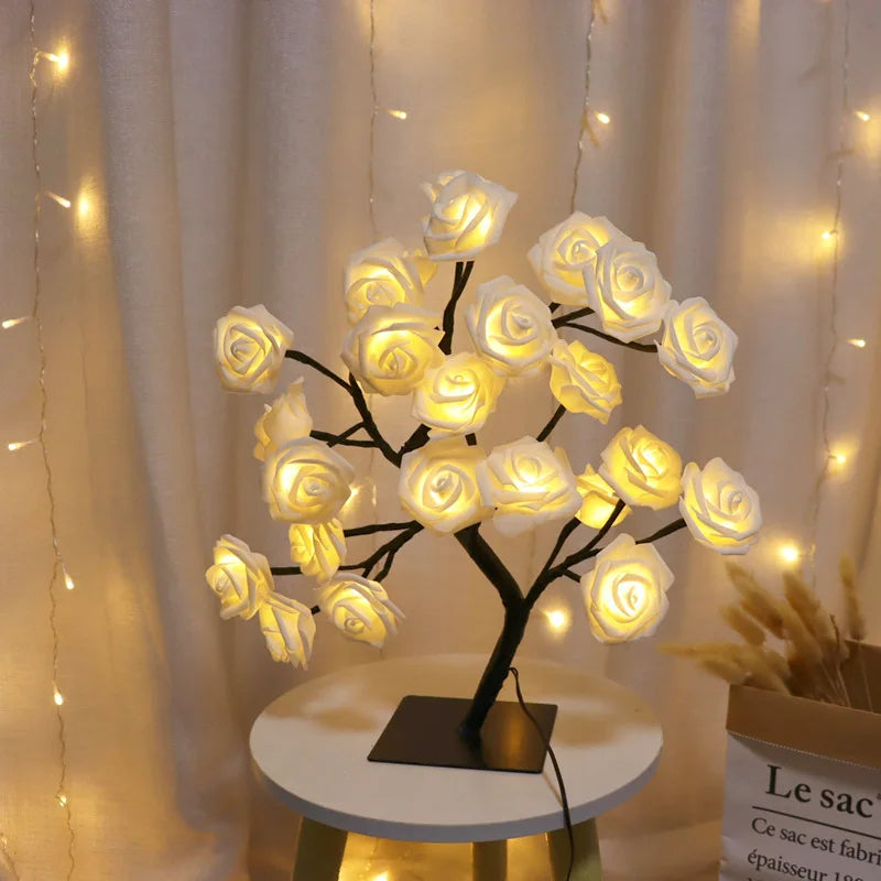 LED Rose Tree Lights 24LEDs USB Operated Table Lamp Atmosphere Lighting for Wedding Party Gift Birthday Festival Lover Home Deco