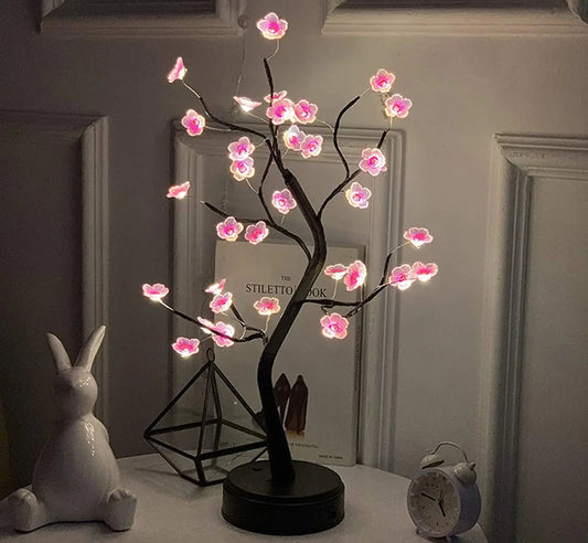 Cherry Blossom Bonsai LED Table Lamp – USB/Battery Powered Touch Night Light Decor